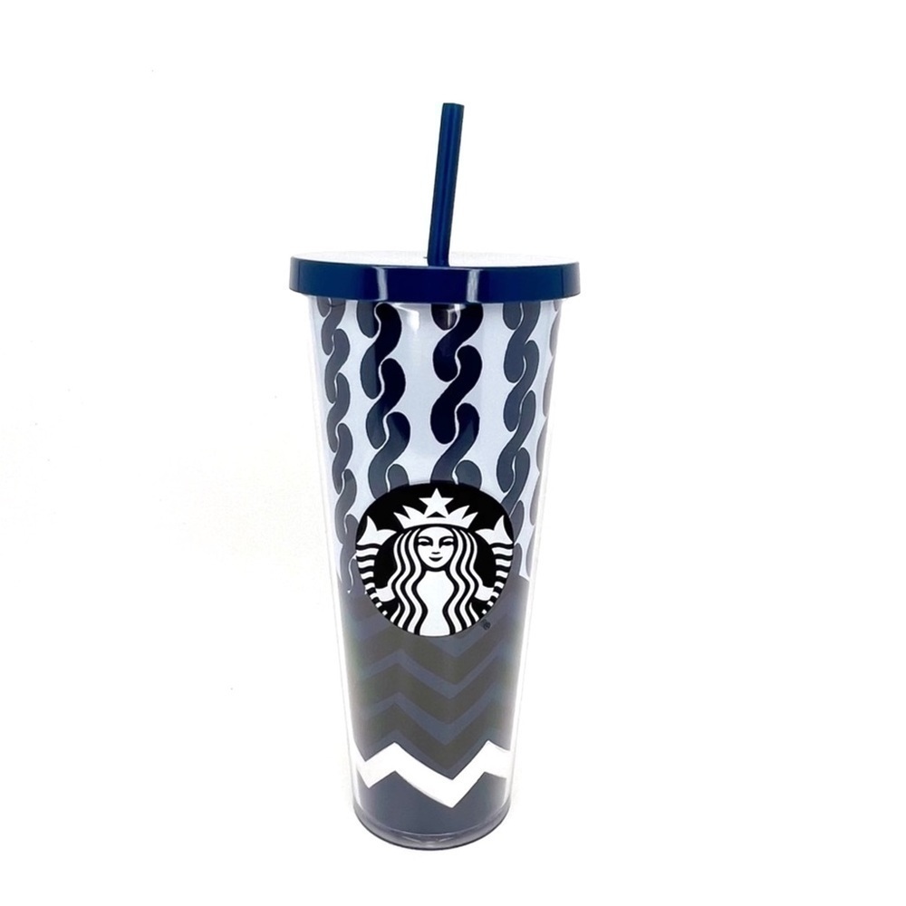 Starbucks Venti Cold Cup Cable Knit and Chevron Prints White Blue Black New NWT